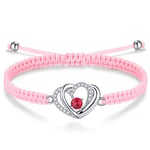 J.Endéar Double Coeur Bracelet Femme Cadeau, Argent 925 Bijoux Rouge Zircone Cubique pour Filles, Bracelet Cordon Tressé Fait Main Ajustable pour Ados (Rose)