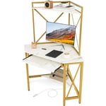 Costway - Bureau d'angle avec Étagère de Rangement, Bureau Informatique avec 2 Prises de Courant & 2 usb, Plateau pour Clavier, Cadre en Métal,