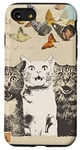 Coque pour iPhone SE (2020) / 7 / 8 3 Traveling Cats and Butterflies, Vintage Look, Beige Ecru