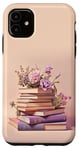 Coque pour iPhone 11 Livres rose violet pastel et fleur sur fond beige