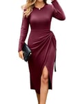 GRACE KARIN Robe Moulante Élegante pour Femme Col Rond Cocktail Chaude Manches Longues Portefeuille de Soirée Automne Hiver Mi-Longue L Bordeaux Rouge