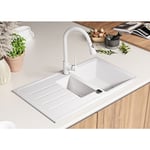 Primagran - Evier Cuisine 90 x 50 cm, Evier en Granit 1,5 bac + Kit de Vidage, Evier a Encastrer de Blanc - white