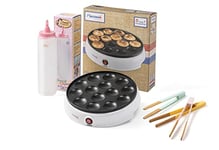 Bestron Poffertjesmaker Kit économique avec bouteille à pâte et 3 pinces de service, idéal pour Noël, Pâques ou anniversaires d'enfants, design rétro, 800 W, couleur : blanc/rose