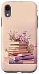 Coque pour iPhone XR Livres rose violet pastel et fleur sur fond beige