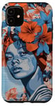 Coque pour iPhone 11 Marron Pop Art Rayé Île Fleur Fille Bleu Motif --ar