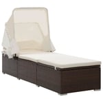 Transat chaise longue bain de soleil avec auvent et coussin en résine tressée marron