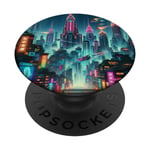 Cyberpunk Cityscape Futuriste Lumineux Retrofuturism PopSockets PopGrip Adhésif