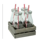 DRW Lot de 4 bocaux avec paille en verre sur support en bois 15 x 15 x 15 cm. Bouteille : 15 x 6 x 6 cm