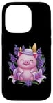 Coque pour iPhone 14 Pro Cochon en style dessin animé kawaii avec lavande et lys