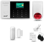 Systeme d'alarme Maison WiFi + GSM, HUXGO HXA005 + Sirene exterieure, 1X détecteur de Mouvement, 1X capteur de Porte/fenêtre, TUYA