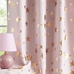 Pink Blackout Curtains for Girls Bedroom, 50 x 72 Inches Metallic Gold Star Printed Kids Window Curtains 2 Panel Sets, Energy Efficient Thermal Insulated Baby Nursery Drapes, Gold Pink, Grommet Top