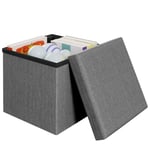 Klihome Pouf Rangement, Pouf Coffre, Tabouret Rangement, Design Pliable, Pouf de Rangement avec Couvercle, Siège Rembourré, en Lin, Gris Foncé, 30x30x30cm