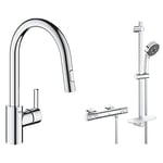 GROHE Robinet de cuisine évier Feel, douchette extractible, rotation 360°, bec en U, inverseur 2 jets & Robinet de douche thermostatique Precision Feel, pommeau de douche Vitalio Comfort 3 jets