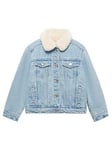 Mango Girls Faux Fur Collar Denim Jacket - Light Blue, Light Blue, Size 8 Years