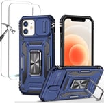 Antichoc Coque Para Iphone 12 6.1',Tpu+Pc Housse Protection De Qualité Militaire Avec Lentille Coulissante Couverture/2* Verre Trempé,Compatible Support De Voiture Magnétique-Bleu