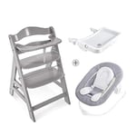 Hauck - Chaise-Haute Alpha+- Gris Grey, Alpha Bouncer- Stretch Grey (Gris) et Plateau Repas Alpha Tray- Blanc