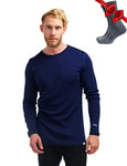 Chemise Homme Manches Longues en Laine Mérinos 100% - Chaud Merino Haut Thermique Homme + Chaussettes de randonnée en Laine mérinos (Small, 250 Navy)