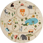 the carpet Happy Life Tapis de Jeu, pour la Chambre, Convient aux Enfants, avec Motif de la Rue, de la Route, de la Jungle, des Animaux et des Voitures, Rond, Beige, 160 x 160 cm