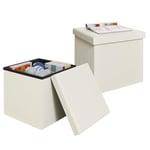 Klihome Lot de 2 Pouf Rangement, Pouf Coffre, Petite Tabouret de Rangement Pliable, 38x38x38cm, Repose Pied Salon, avec Couvercle, Siège Rembourré, en Lin, Crème, K0008SH-2