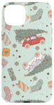 Coque pour iPhone 15 Plus Retro Christmas Santa Trees Checker Snowflakes Pink