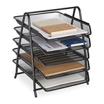 Relaxdays Document, 5 Compartments, Filing System, Mesh, Letter Tray A4, HxWxD: 37.5 x 30 x 35.5 cm, Metal, Black, Steel