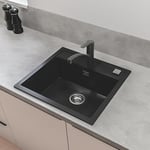 GROHE Kitchen Set of Start QuickFix Kitchen Tap & K700 Sink – (Granite Black Quartz Composite Kitchen Sink 1 Bowl 560x510mm, Matt Black Low Spout Kitchen Tap 184 mm with 3/8 Inch Tails)