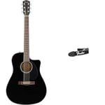 Fender CD-60SCE Dreadnought Electro Acoustic Guitar, Black & Unisex Running Logo Guitar Strap, Black, 5cm UK