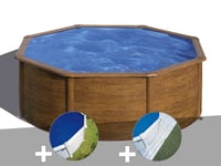 Kit piscine acier aspect bois Gré Pacific ronde 3,70 x 1,22 m + Bâche à bulles + Tapis de sol