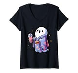 Womens Ghost Drinking Bubble Tea Japanese Kimono V-Neck T-Shirt