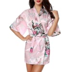 Kvinnor Blommig Siden Satin Kimono Robe Klänning Sovkläder Badrock Pink L