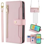 Asuwish Phone Case for Sony Xperia 10 IV Wallet Cover and Screen Protector Zipper Card Holder Slot Stand Leather Cell Accessories Protective Magnetic Flip Folio Experia 10IV 5G XQ-CC72 Women Rose Gold