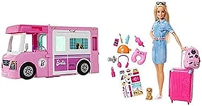 Barbie 3-in-1 DreamCamper Vehicle Transforming RV Playset & Boat Gift For Kids 3+ & Travel Doll Blonde Doll with Puppy & Opening Pink Suitcase Collapsing Handle Sticker Sheet Gift for Kids 3+