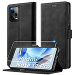 Focusor Coque pour Xiaomi Redmi Note 12 Pro 5G / Poco X5 Pro avec Verre Trempé Protection,Housse PU Magnétique Flip Portefeuille Emplacement Carte Etui pour Note 12 Pro Premium en Cuir Antichoc,Noir