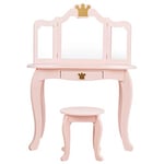 GIANTEX Coiffeuse pour Enfant avec Tabouret, 3 Miroirs Amovibles et Pliables, Table de Maquillage avec Tiroir, Coiffeuse pour Fille en Bois (Rose)