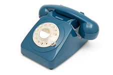 GPO 746 Rotary Retro Phone - 1970s-style Landline Telephone with Curly Cord and Authentic Bell Ring - Azure Blue