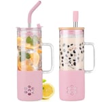 BLUEGO Gobelets en verre 600 ml avec 2 couvercles et poignée, Tasse en verre Avec pailles,Tasses à café glacé, Gobelet à jus de smoothie de 0,6 L, Tasse à thé aux perles, Rose