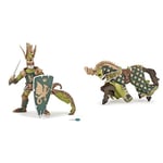 Papo-Lot de 2 Figurines - Collection Médieval - Fantastique - Maître des Armes cimier Dragon + Cheval du maître des Armes cimier Dragon