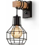 Trimec - Applique Murale Intérieur Industrielle, Vintage Abat-jour Cage Dimmable avec interrupteur Luminaire Murale, E27 Métal et Bois Corde, pour