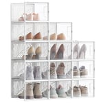 SONGMICS Boîte à Chaussures Transparent, Lot de 12, Boîte de Rangement, Pointure 46, Empilables, Robuste, pour Collections de Baskets, Talons Hauts, Transparent et Blanc LSP107W01