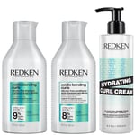 Redken Acidic Bonding Curls Shampoo, Conditioner and Hydrating Curl Cream Bundle for Damaged Curly & Coily Hair