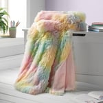 Catherine Lansfield Cuddly Rainbow Deep Pile Faux Fur 130x170cm Blanket Throw Pastel