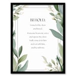 Artery8 Behold Stand at Door and Knock Green Revelation New Testament Jesus Christ Christian Bible Faith God Quote Revelations Flowers Artwork Artwork Framed Wall Art Print A4