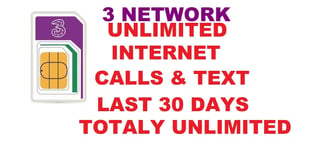 NETWORK THREE 3 SIM CARD PAY AS YOU GO PAYG UNLIMITED CALLS  TEXT