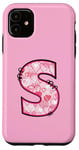 Coque pour iPhone 11 Lettre S Rose Initiale Monogramme Cœurs Girly