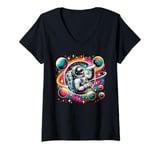 Womens Colorful Galaxy Astronaut Drinking Cream soda V-Neck T-Shirt