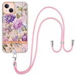 iPhone 15 Skal Blommönster med Strap Lila Pion