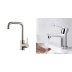 Ibergrif M22105A - Mitigeur Évier avec Bec Haut, Robinet de Cuisine, Nickel Brossé & Star M11057, Mitigeur de Lavabo - Robinet de Salle de Bains Monocommande, Robinets de lavabo à Tiroir