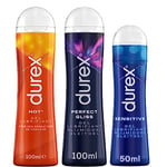 Durex - Lot de 3 Gels Lubrifiants intimes - 1 Gel Hot Chauffant Stimulant 100ml - 1 Gel Perfect Gliss Usage Anal 100 ml - 1 Gel Sensitive 50ml