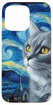 Coque pour iPhone 15 Pro Max Chat gris nuit étoilée Van Gogh Sky Painting Cats Lovers