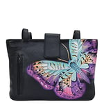 Anna by Anuschka Medium Tote, Sac fourre-Tout en Cuir véritable Peint à la Main pour Femme Taille, Magical Wings Noir, Unique